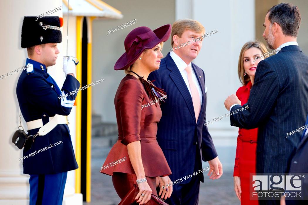 Stock Photo: Dutch Queen Maxima (2nd L-R), Dutch King Willem-Alexander, Spanish Queen Letizia and Spanish King Felipe at Noordeinde Palace in The Hague during the visit of.