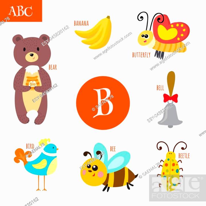 Letter B. Cartoon alphabet for children. Bear, bee, bell, bird, bug,  butterfly, banana, Stock Vector, Vector And Low Budget Royalty Free Image.  Pic. ESY-045820162 | agefotostock