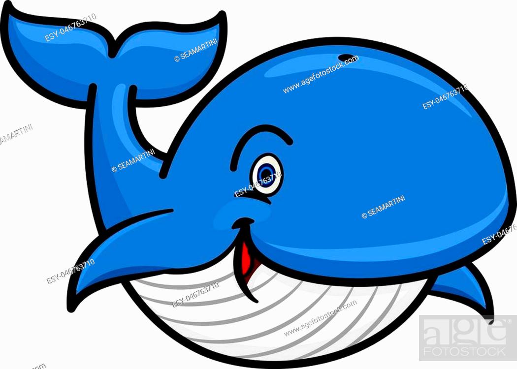Stock Vector: Cartoon baleen whale character with blue spine and striped white underside swimming with playfully raised tail and happy smile.