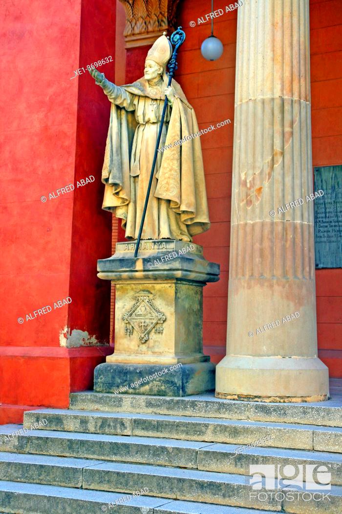 Stock Photo: sculpture of Archbishop Francesc Armanyà, Library Museum Víctor Balaguer, 1884, architect Jeroni Granell Mundet, Vilanova i la Geltrú, Catalonia, Spain.