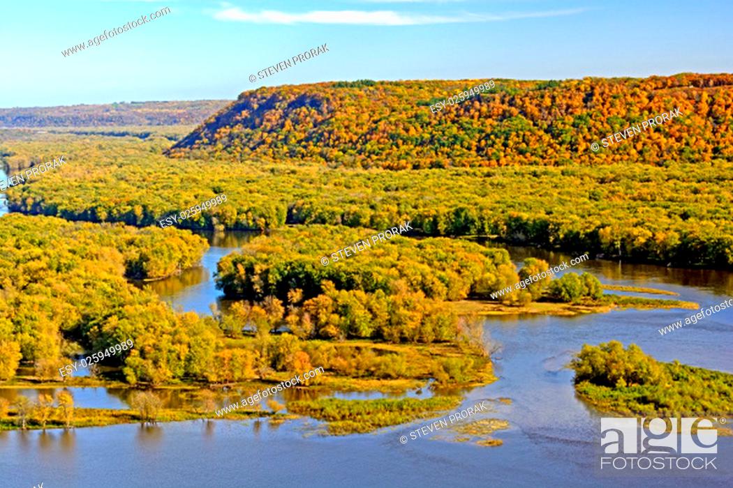 Stock Photo: Colorful Bluffs above the confluence of the Wisconsin and Mississippi Rivers in Fall.