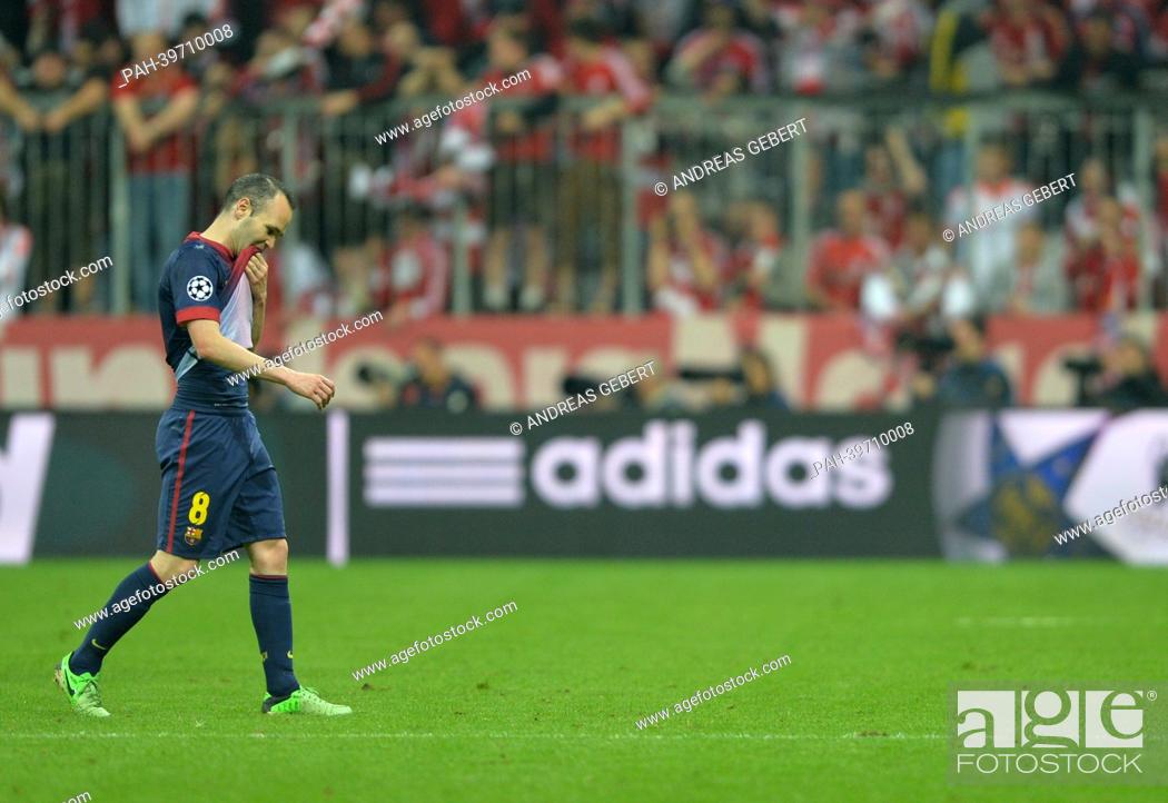 Stock Photo: Barcelona's Andres Iniesta reacts after the UEFA Champions League semi final first leg soccer match between FC Bayern Munich and FC Barcelona at the Arena in.