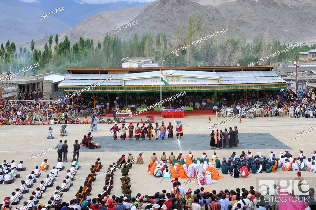 Stock Photo: Polo field in Leh, traditional Ladahki dancers for Indian Independence Day, Leh, Ladakh, North India, Himalayas, Asia.