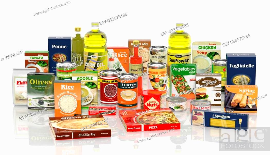 Stock Photo: 3D collection of packaged food isolated on white background.