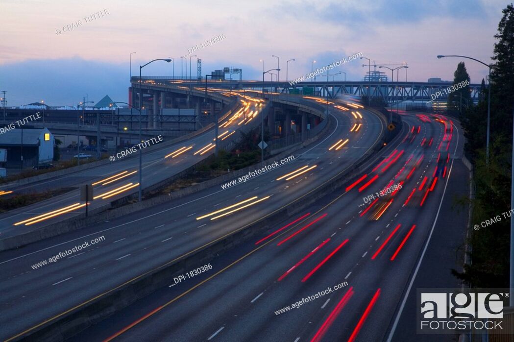 Stock Photo: Blurred traffic on highway, Portland, Oregon, USA.