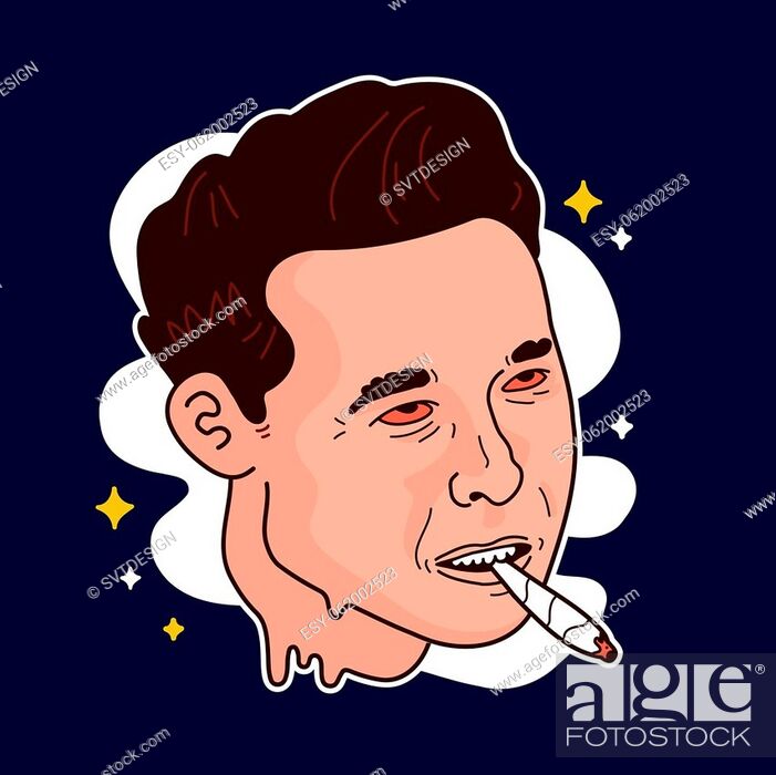 Stock Vector: Famous founder, CEO and entrepreneur Elon Musk smoking weed koint vector portrait. Isolated on white background. Elon musk smoking marijuana, cannabis.