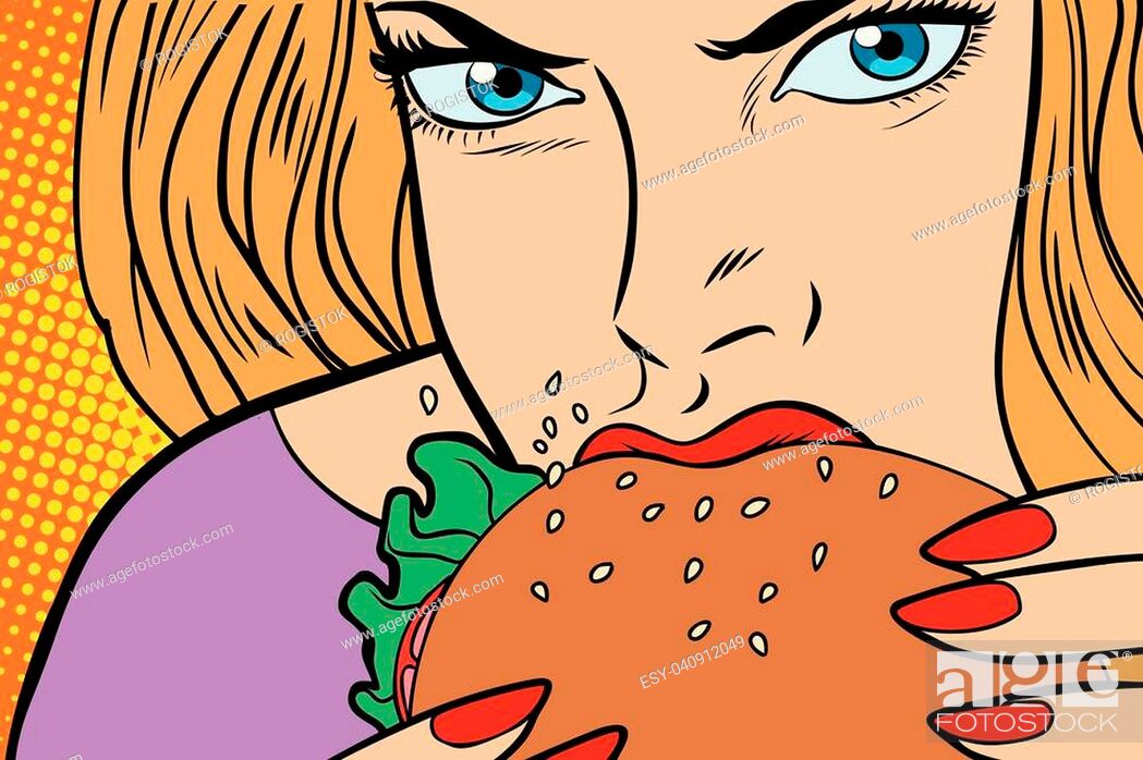 Hungry woman eats Burger. fast food. Comic book cartoon pop art retro color  illustration drawing, Stock Vector, Vector And Low Budget Royalty Free  Image. Pic. ESY-040912049 | agefotostock