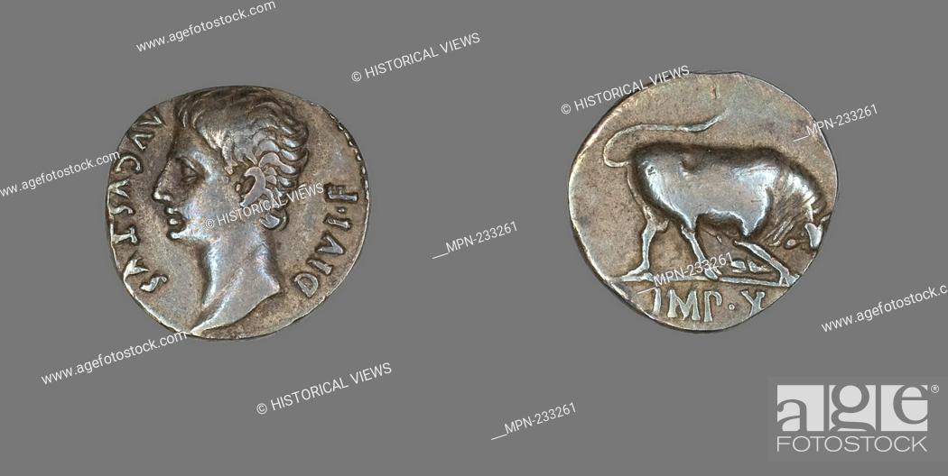 Stock Photo: Denarius (Coin) Portraying Emperor Augustus - 15/13 BC - Roman, minted in Lyons - Artist: Ancient Roman, Origin: Roman Empire, Date: 15 BC–13 AD, Medium: Silver.