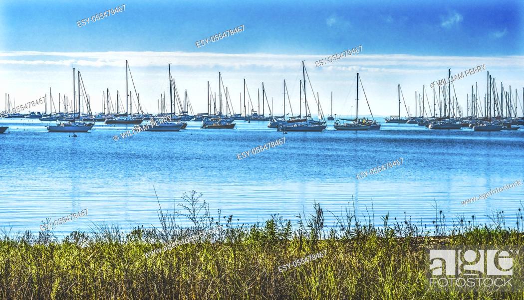 Stock Photo: Sailboats Boats Moorings Motor Boats Padanaram Harbor Buzzards Bay Dartmouth Massachusetts. . .