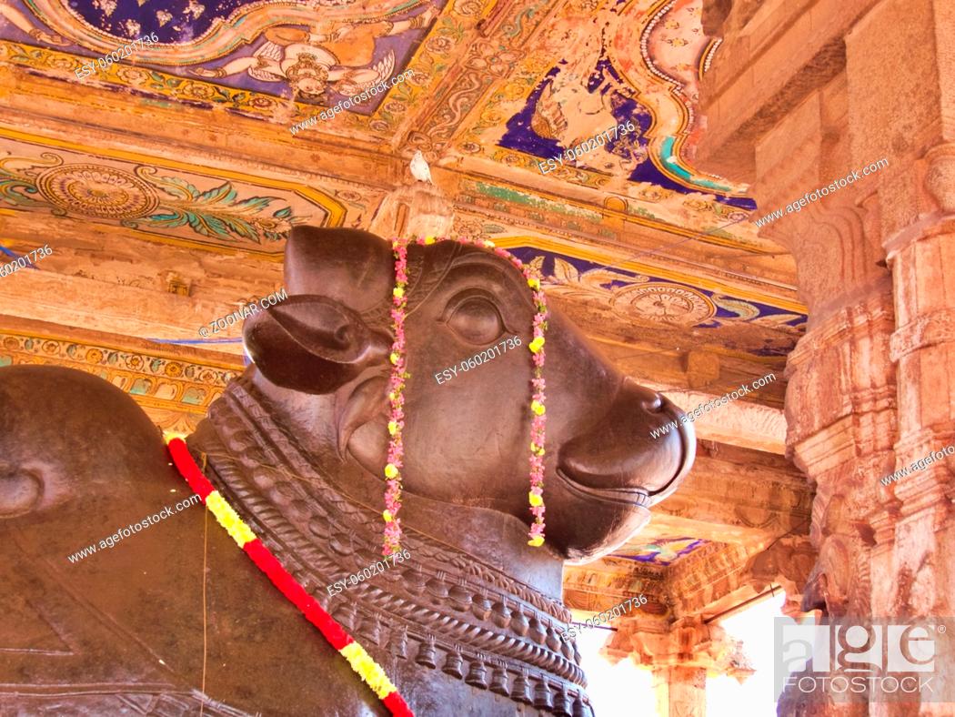 Stock Photo: Cow statue with ceiling, Darasuram temple, Tamil Nadu, southern India. High quality photo.