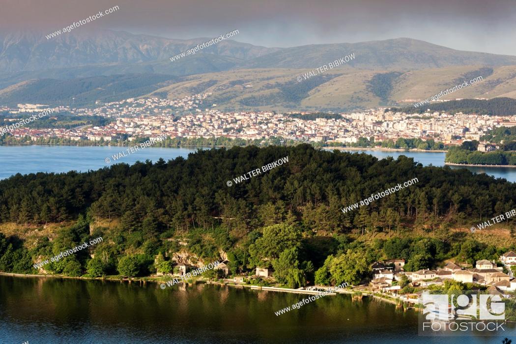 Stock Photo: Greece, Epirus Region, Ioannina, elevated city view, Lake Pamvotis and Nisi Island.