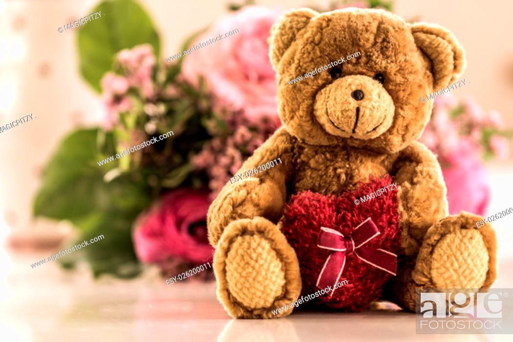 i love you, a teddy bear with heart - in the background a bouquet, retro,  Stock Photo, Picture And Low Budget Royalty Free Image. Pic. ESY-026200011  | agefotostock