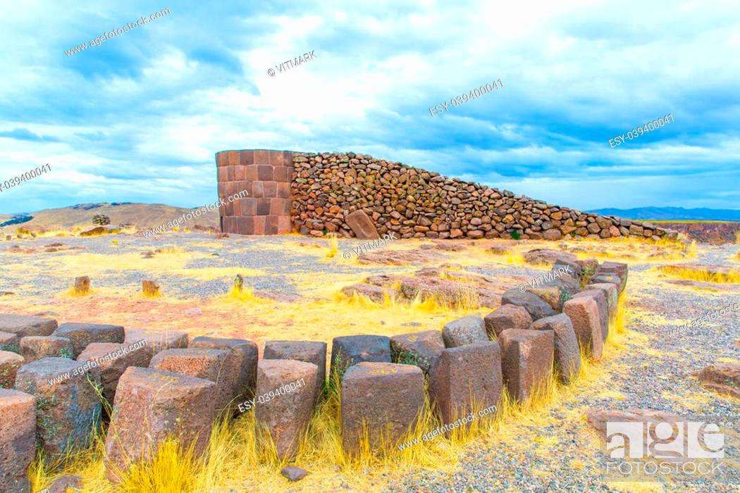 Stock Photo: Funerary towers and ruins in Sillustani, Peru, South America- Inca prehistoric ruins near Puno, Titicaca lake area.