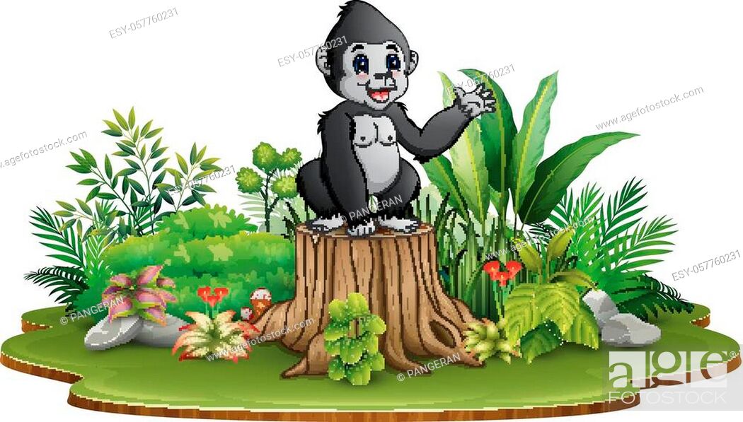 Cartoon happy baby gorilla sitting and waving on tree stump with green  plants, Stock Vector, Vector And Low Budget Royalty Free Image. Pic.  ESY-057760231 | agefotostock