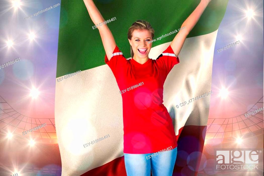 Photo de stock: Composite image of cheering football fan in red holding italy fl.