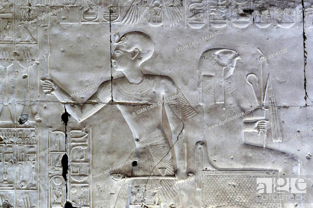 Stock Photo: Abydos, Egypt, the mortuary temple of pharaoh Seti I, Menmaatra, (XIX° dyn. 1321-1186 B.C.) -The king adoring the god Horus.
