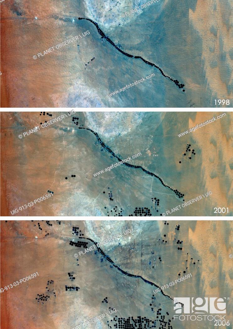 Stock Photo: Satellite view of Agriculture in the Desert in Saudi Arabia in 1998, 2001 and 2006. This before and after image shows the expansion of circular agricultural.