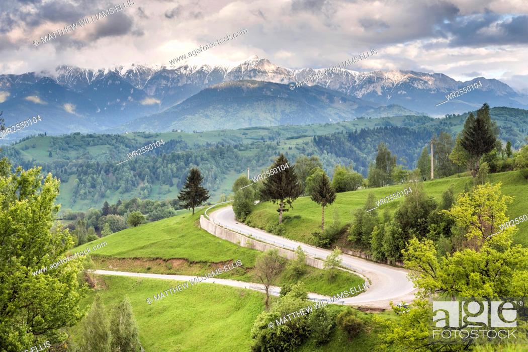 Stock Photo: Rural countryside and Carpathian Mountains near Bran Castle at Pestera, Transylvania, Romania, Europe.
