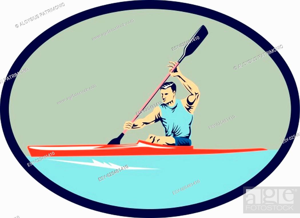 Stock Vector: Illustration of man riding kayak racing canoe sprint paddling set inside oval shape done in retro style.