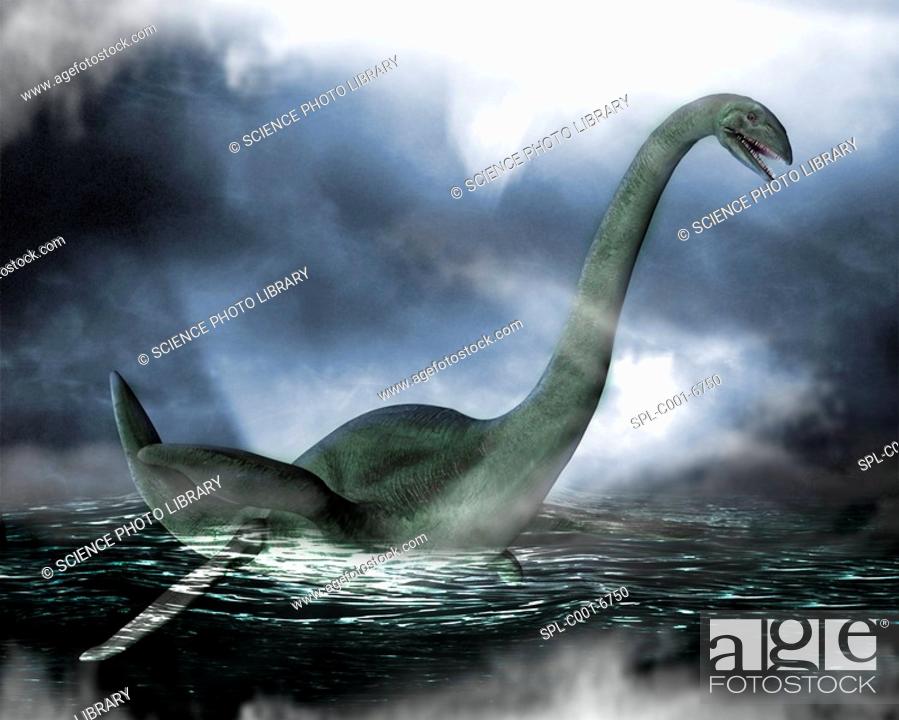 Stock Photo: Loch Ness monster. Computer artwork of the Loch Ness Monster swimming on the surface of Loch Ness, Scotland. Sightings of the monster have occurred at least.