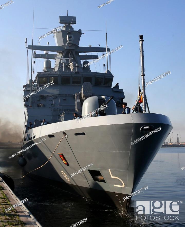 Stock Photo: The corvette 'Ludwigshafen am Rhein' debouches from the naval base to become part of of the Standing NATO Maritime Group 1 (SNMP1) in Warnemunde, Germany.