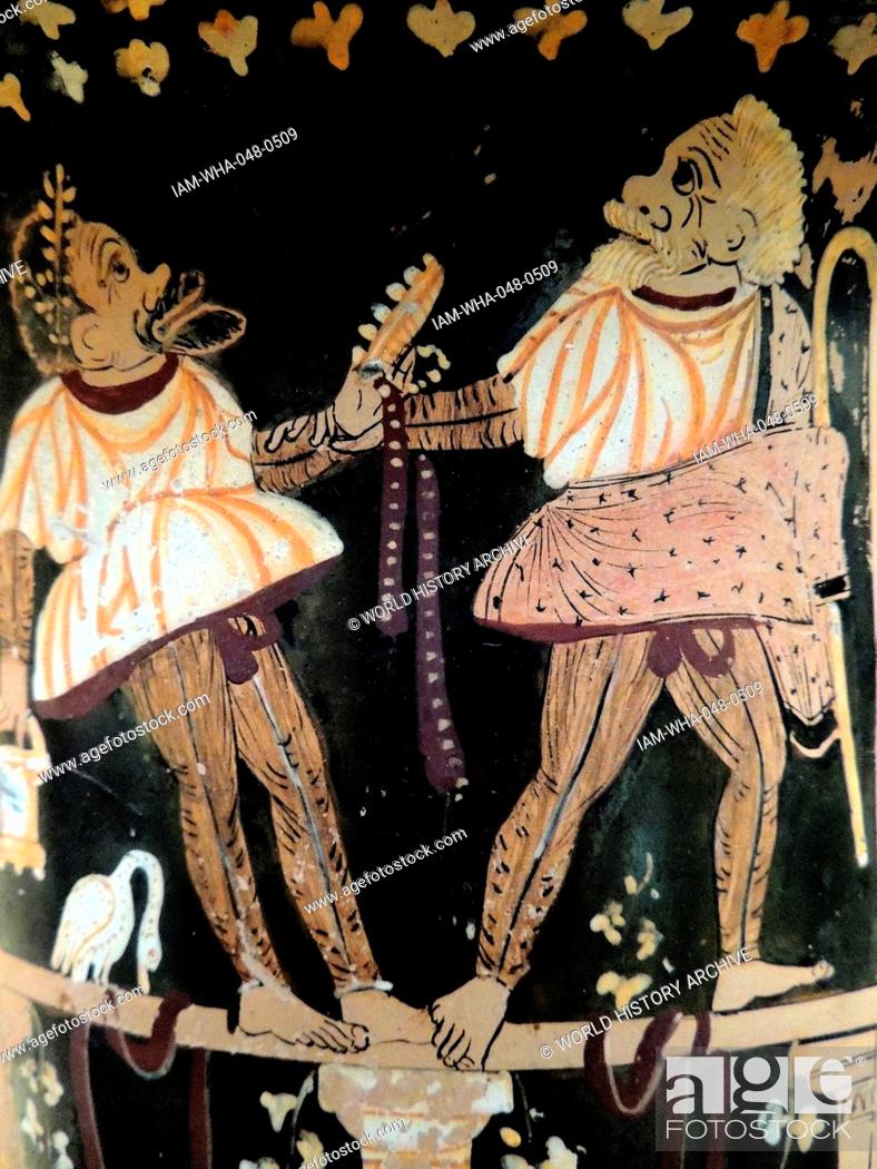 Stock Photo: Red-figured bell-krater (wine-bowl) with a scene from a Phlyax play. Made in Paestrum about 330 BC attributed to Python as Painter.