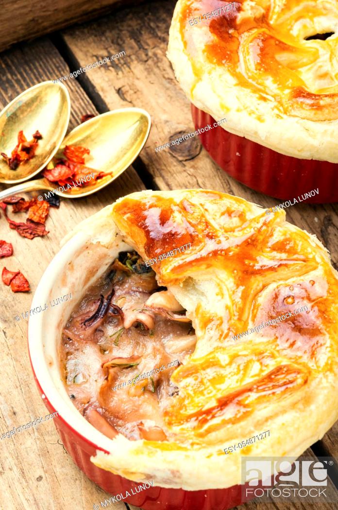 Stock Photo: Baked seafood with bread cap.Squid and mussel julienne.Cream seafood soup.