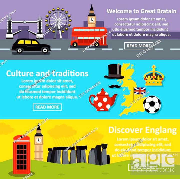 Stock Vector: England travel banner horizontal concept set. Flat illustration of 3 England travel vector banner horizontal concepts for web.