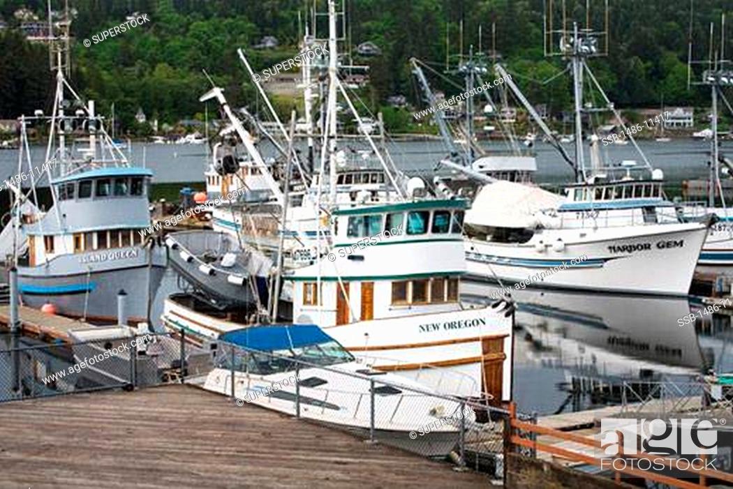 Stock Photo: Fishing boats at a harbor, Gig Harbor, Tacoma, Pierce County, Washington State, USA.