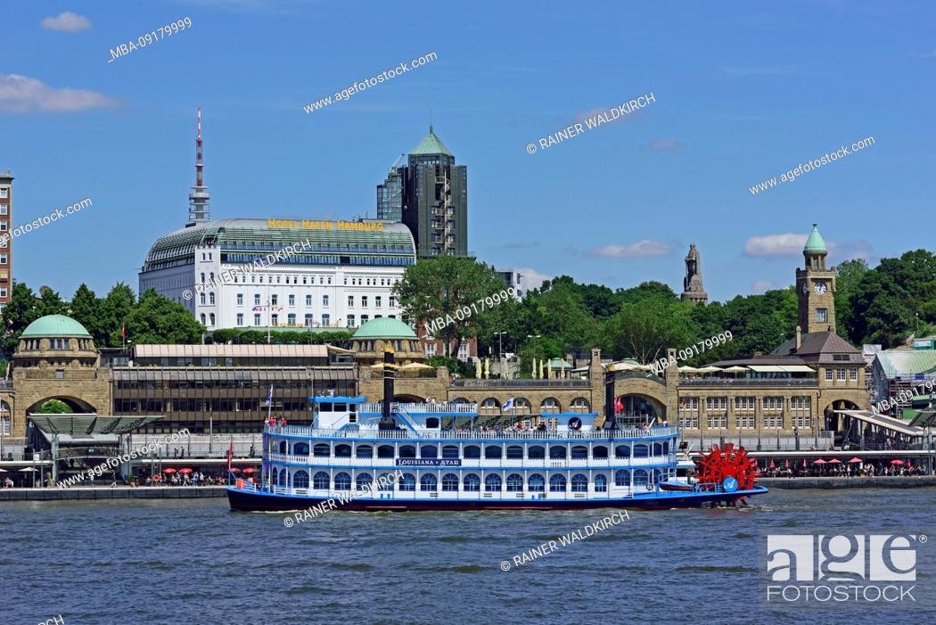 Photo de stock: Europe, Germany, Hanseatic City of Hamburg, St. Pauli, Landungsbrücken, Elbe, view over the Elbe on Skyline, Hotel Hafen Hamburg, Paddle steamer,.