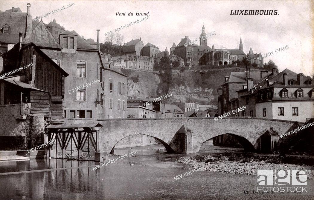 Stock Photo: Luxembourg City, Grund, bridge over the Alzette River. This view has hardly changed to the present day.