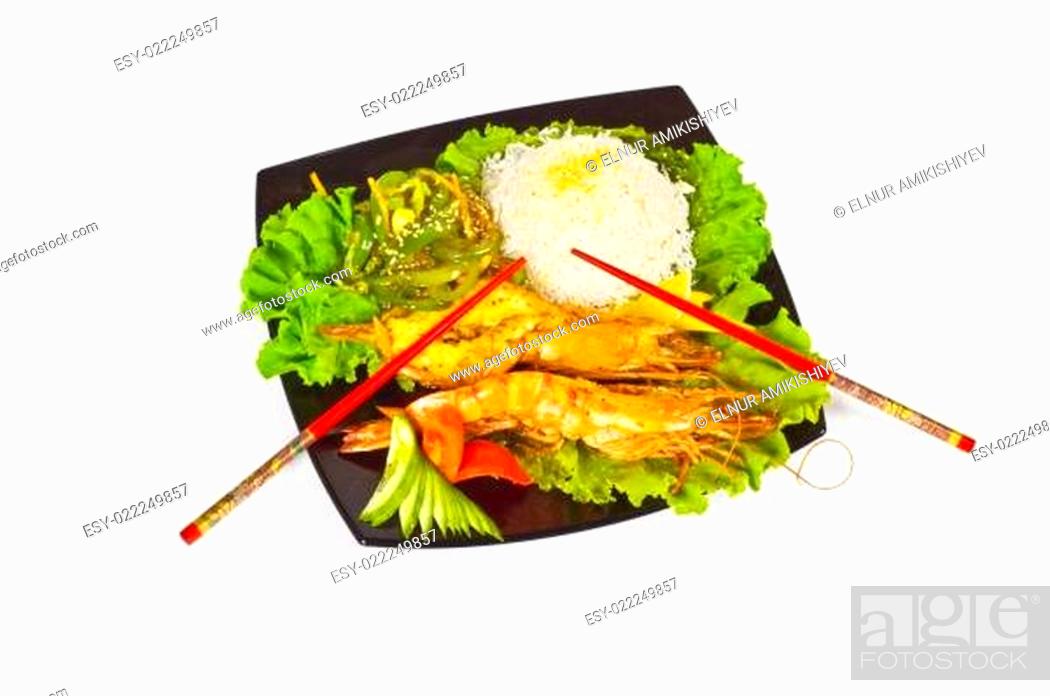 Stock Photo: Grilled lobster, rice and vegetables isolated on white.