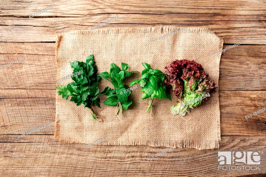 Stock Photo: Gardening and healthy eating concept with different herbs and salad leaves, basil, mint, radicchio, parsley and celery on sackcloth on wooden background.