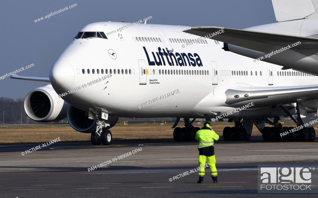 Stock Photo: A Boeing 747-8 departs from the Tegel airport in Berlin, Germany, 8 February 2018. Lufthansa launches the redesign of their crane logo on the occasion of their.
