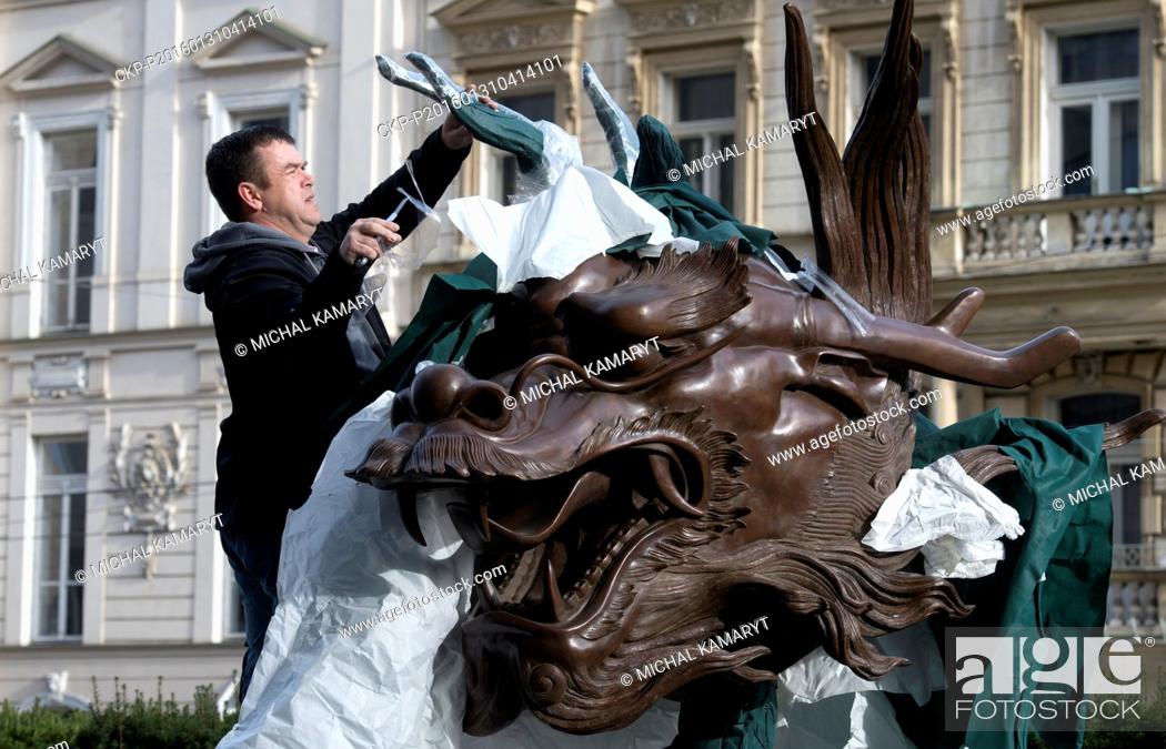 Stock Photo: Zodiac, a sculpture project by Ai Weiwei, the world-renowned Chinese artist and critic of the Beijing regime, was put on display outside the Trade Fair Palace.