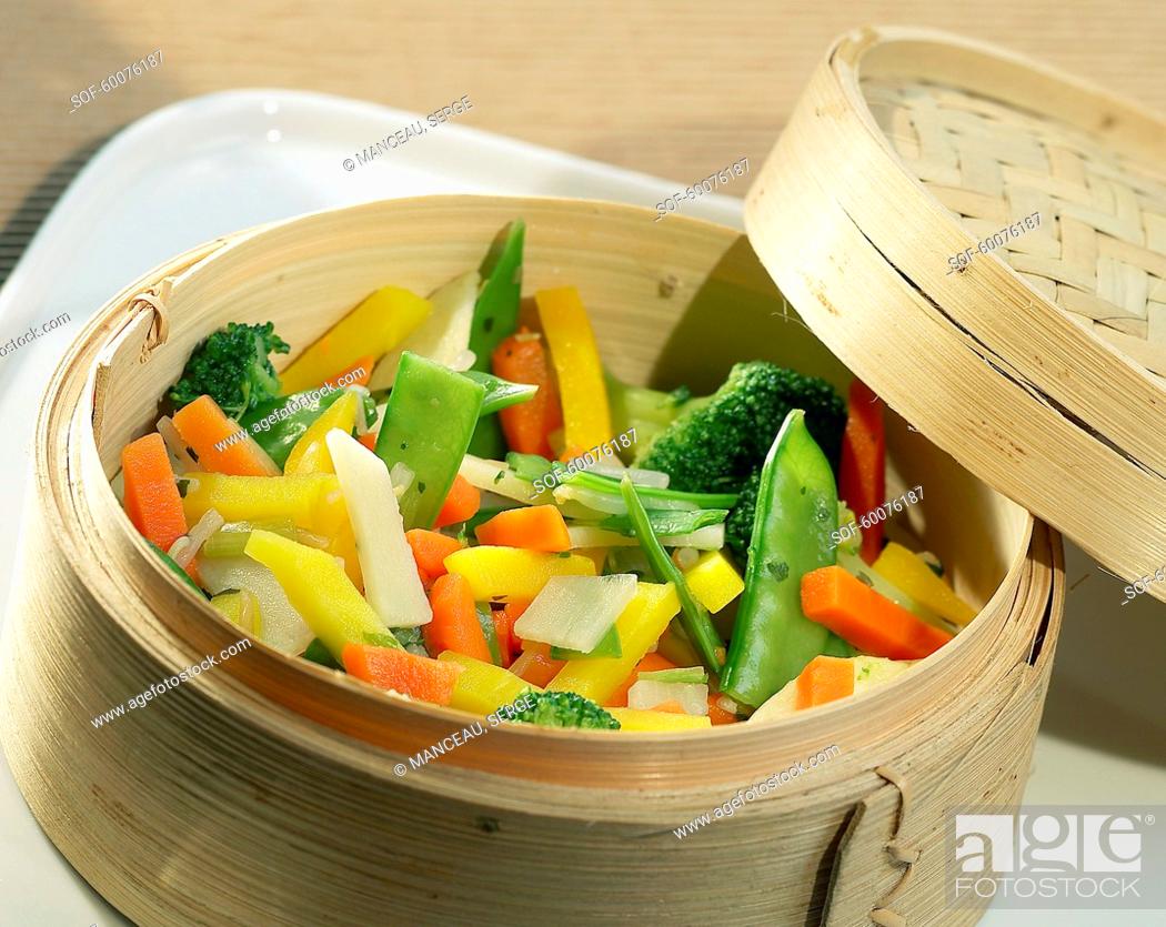 Stock Photo: Color Image, Easy, Light, Green, Dish, Vegetables, Prepared, Bunch, Basket, Cooking, Steam, Chinese, Bean, Diet, Multicoloured, Classical, Pea, Slimming, Weight Loss, Broccoli, Cheap, Garnish, Side-Dish, Emince, Green Vegetable, Health Food, Main Course, String Bean, Sugar Pea, Thinly Sliced