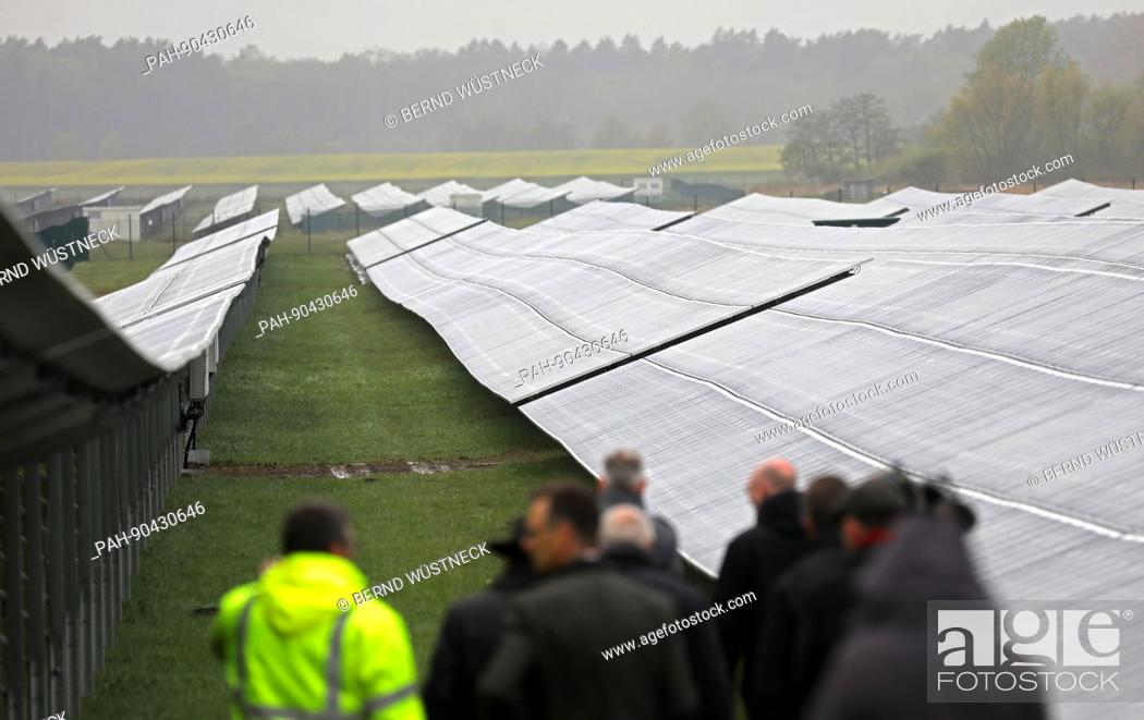 Stock Photo: The third section of the solar park at Barth Airport is officially opened in Barth, Germany, 5 May 2017. The park covers 63 hectares and produces 50 megawatts.