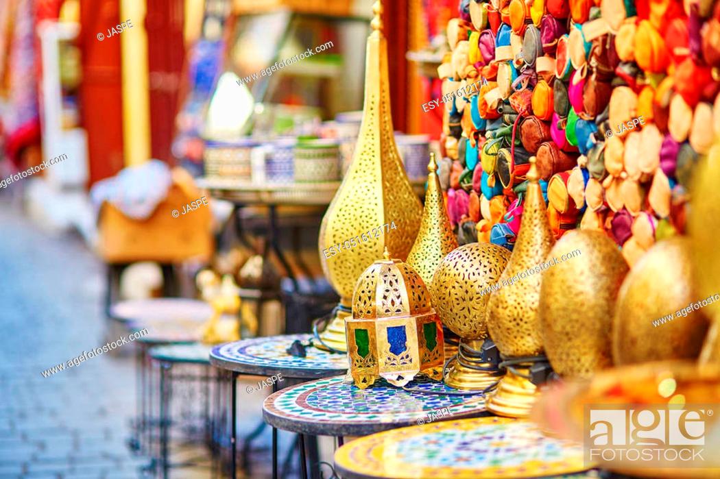 Stock Photo: Selection of traditional lamps on Moroccan market (souk) in Fes, Morocco.