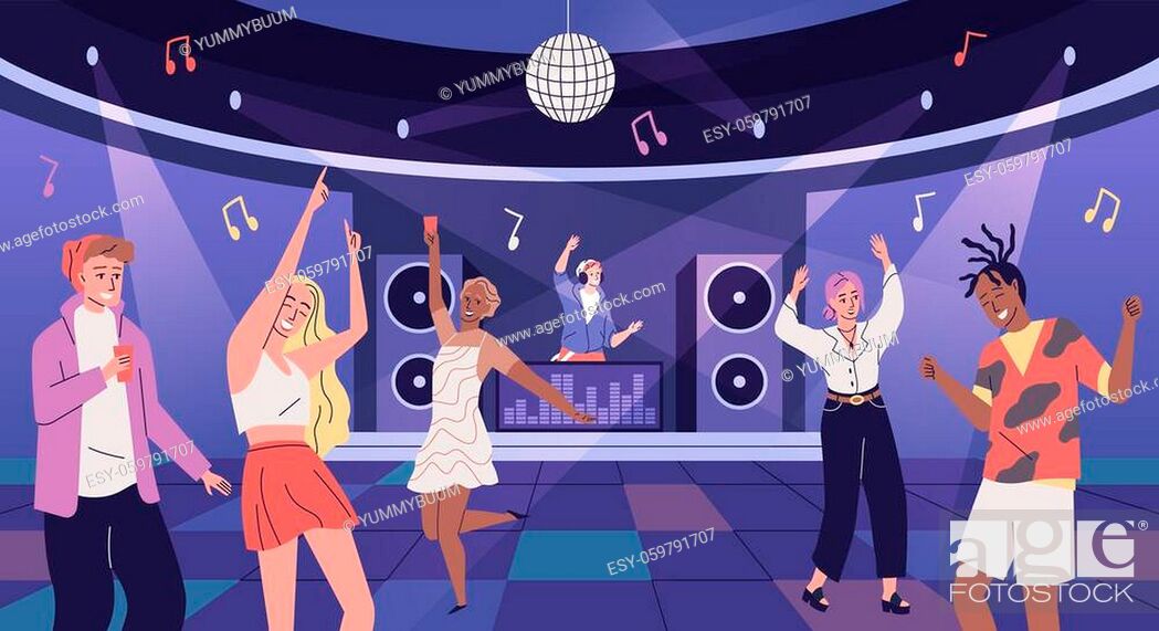 Disco club people. Cartoon young guys and girls having fun at discotheque,  Stock Vector, Vector And Low Budget Royalty Free Image. Pic. ESY-059791707  | agefotostock