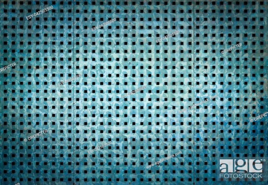 Stock Photo: Bluish metallic background with perforation of square holes.