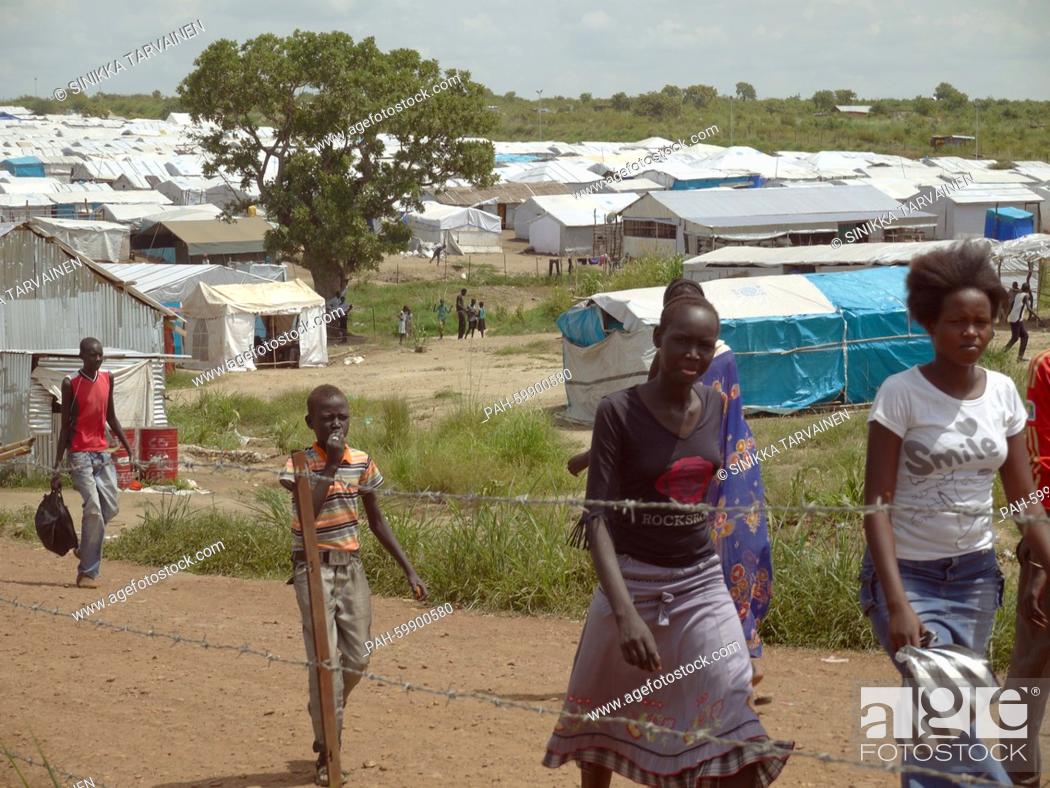 Stock Photo: Refugees in the UN refugee camp in Juba, South Sudan, 15 June 2015. More than 130, 000 Sudanese people live in such camps.
