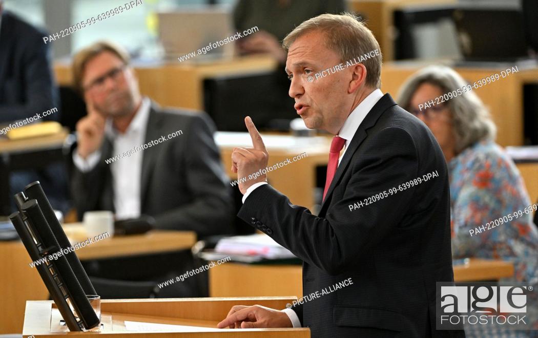 Stock Photo: 05 September 2022, Thuringia, Erfurt: Matthias Hey, head of the SPD parliamentary group, speaks in the plenary chamber of the Thuringian state parliament.