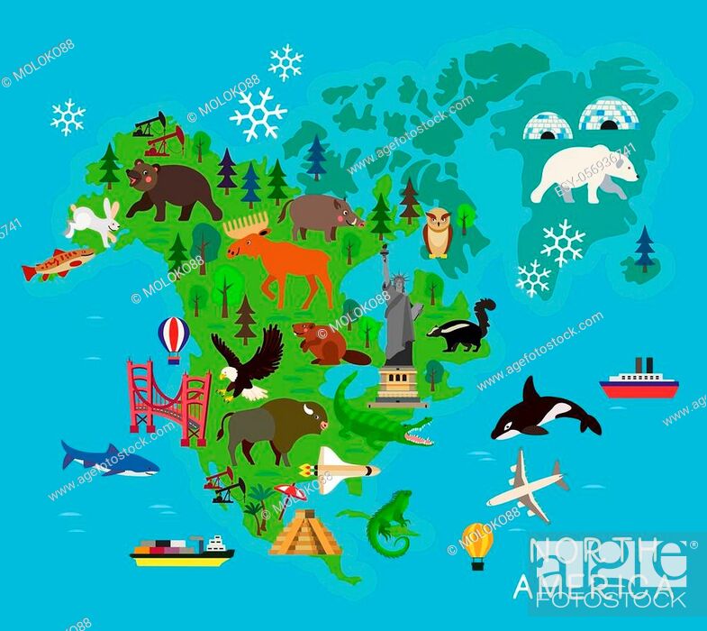 Cartoon map of North America. North America travel guide, Stock Vector,  Vector And Low Budget Royalty Free Image. Pic. ESY-056936741 | agefotostock