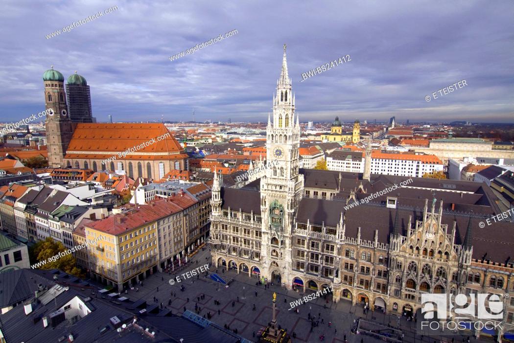 Stock Photo: new townhall, Marienplatz and Frauenkirche, view from St Peter, Germany, Bavaria, Muenchen.