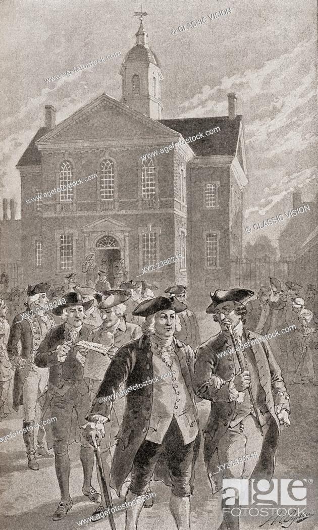 Stock Photo: Delegates leaving Carpenter's Hall, Philadelphia, Pennsylvania, after a session. From The History of Our Country, published 1900.