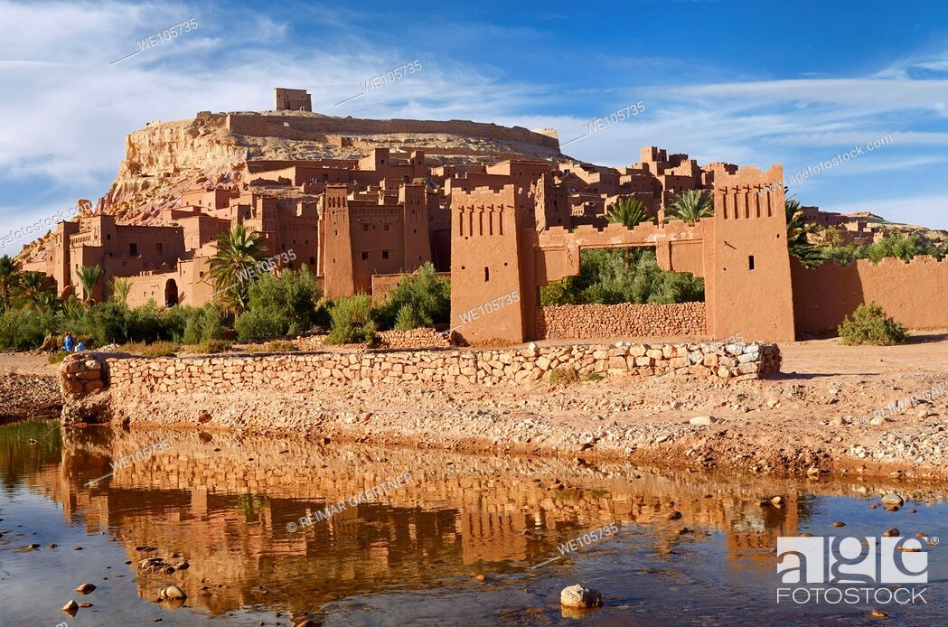 Stock Photo: Ait Benhaddou reflected in the water of Ounila River or Wadi Mellah near Ouarzazate Morocco.