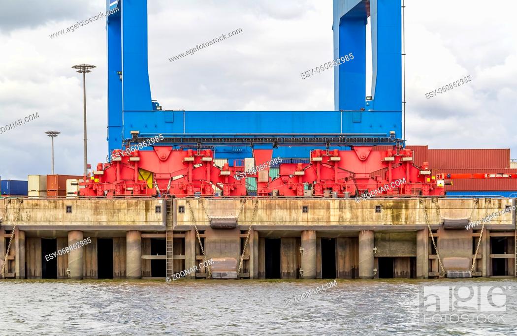 Stock Photo: quay crane closeup seen at the Port of Hamburg in Germany.