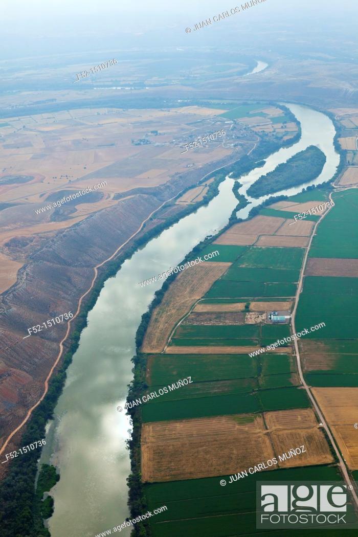 Stock Photo: Ebro river meander  Alforque Village  Zaragoza Province, Aragon, Spain, Europe.