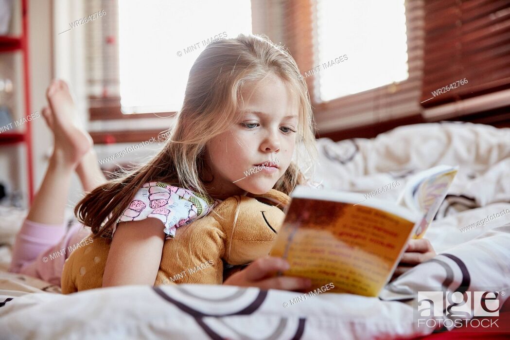 Stock Photo: A girl lying on her bed on her front, reading a book.