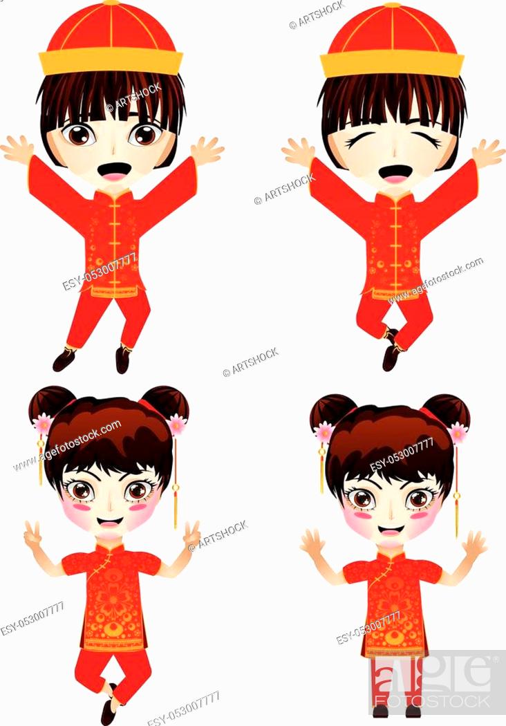 Cute cartoon characters boy and girl in traditional chinese outfit, Stock  Vector, Vector And Low Budget Royalty Free Image. Pic. ESY-053007777 |  agefotostock